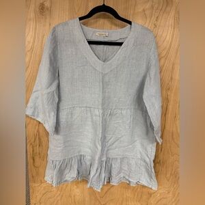 Laura Bianchi Linen Tunic Top Size Large Blue 3/4 Sleeve V Neck Boho Made Italy